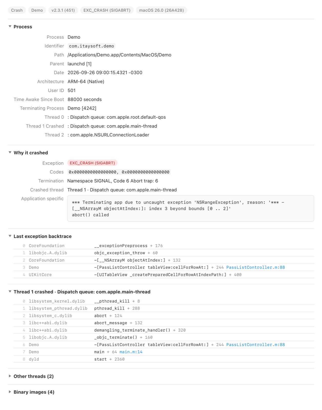 A crash report preview: process, why it crashed, the last exception backtrace and the crashed thread