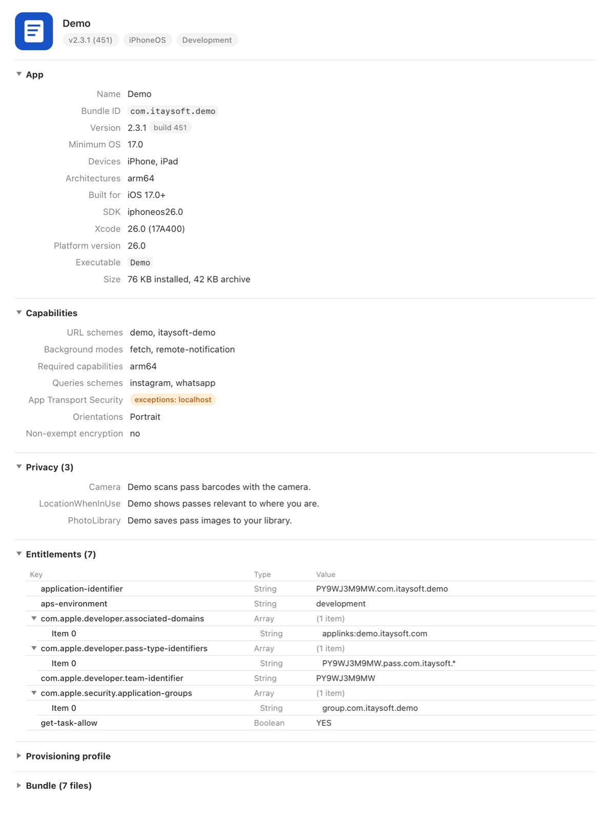 An ipa preview: app icon, version, capabilities, privacy strings and entitlements