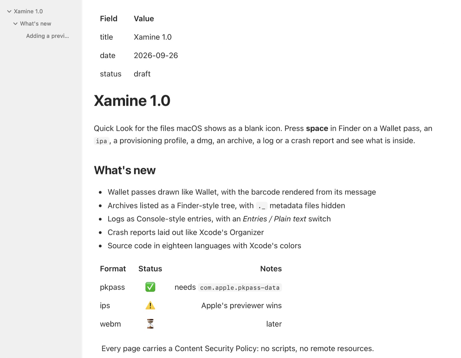 A Markdown preview with a sections sidebar and rendered tables